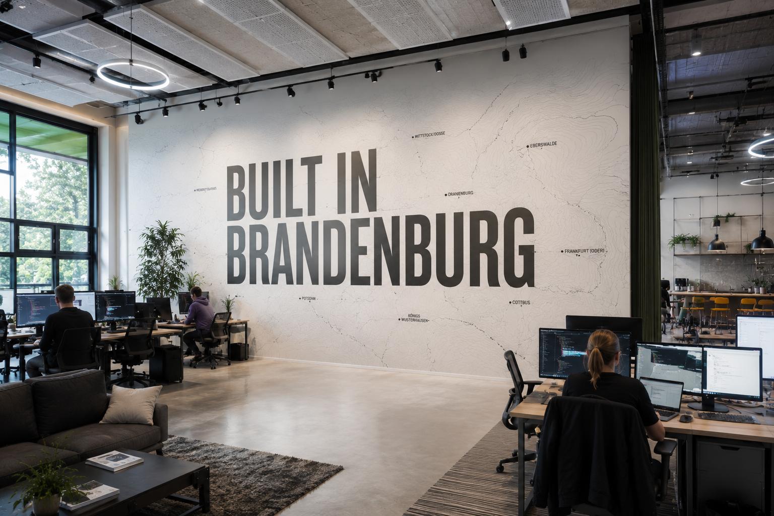 Modernes Großraumbüro mit dem Wanddruck Built in Brandenburg