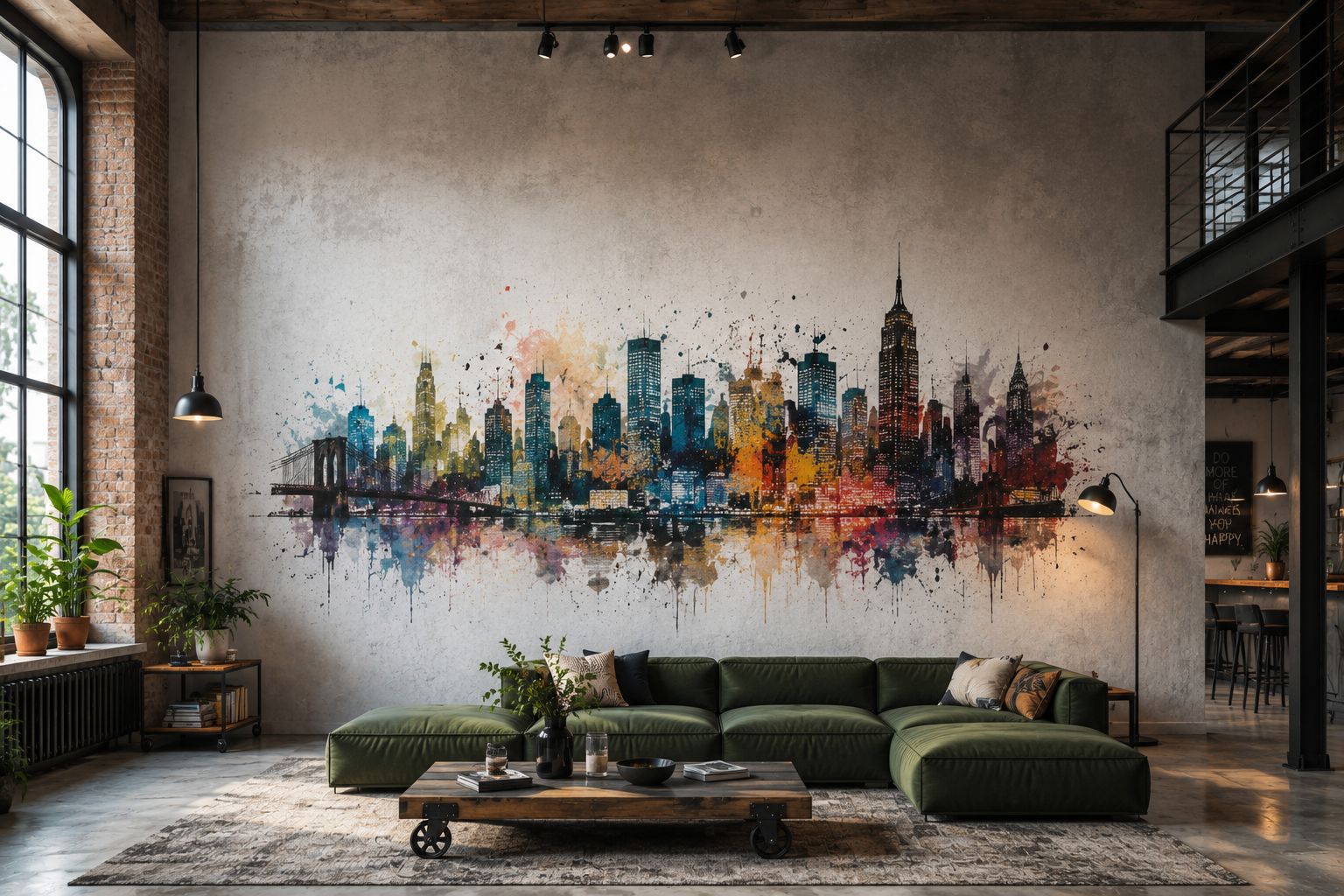 Hotellounge im Industriestil mit farbenreicher New-York-Skyline als Wanddruck