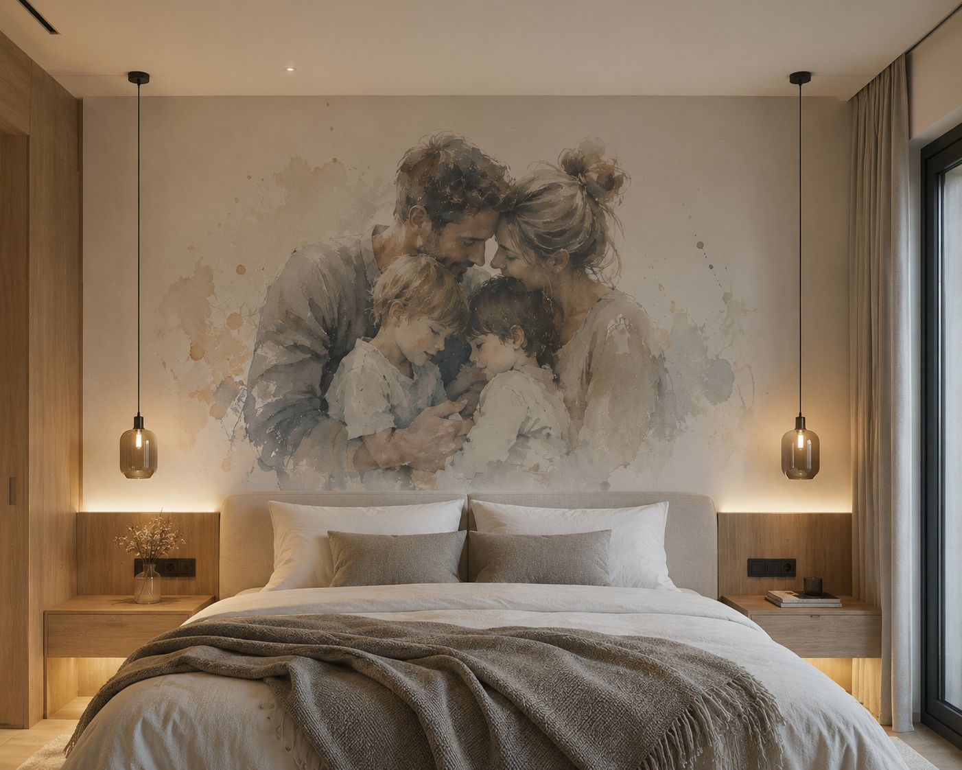 Helles Schlafzimmer mit einem Aquarell-Familienporträt als Wanddruck über dem Bett